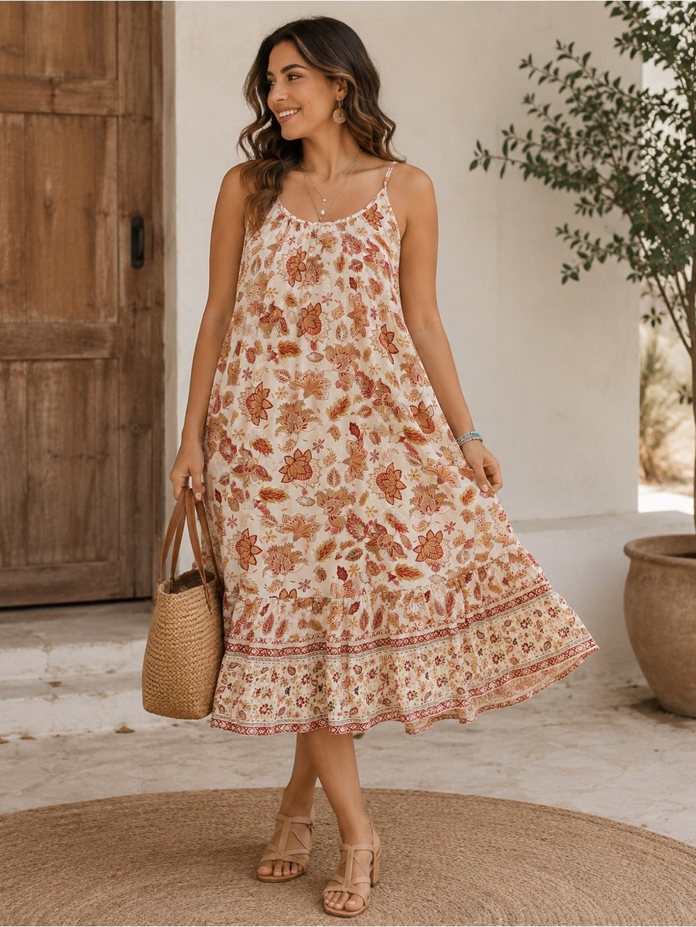 easel Floral Spaghetti Strap Tank in Cream, Red & Mustard